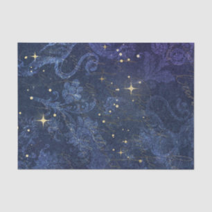 Celestial gold stars blue floral flocked faded tissue paper
