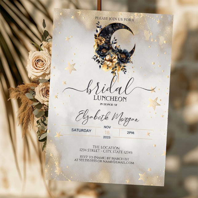 Celestial Gold Stars Floral Moon Bridal Luncheon Invitation (Creator Uploaded)