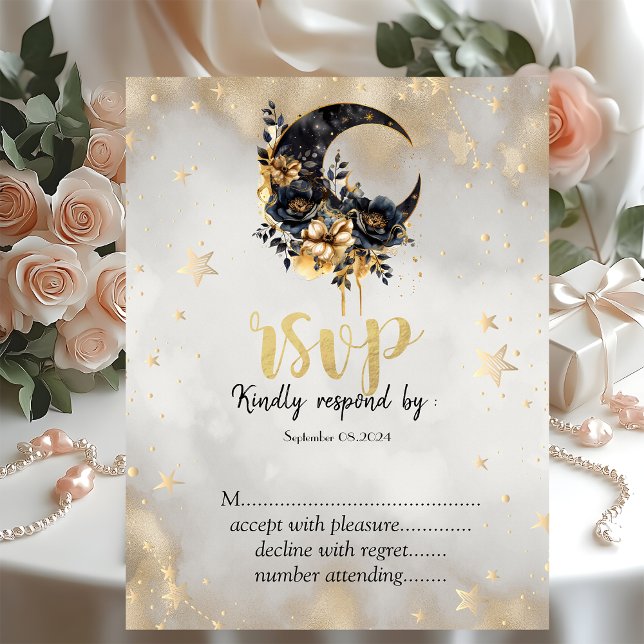 Celestial Gold Stars Floral Moon RSVP   Invitation (Creator Uploaded)