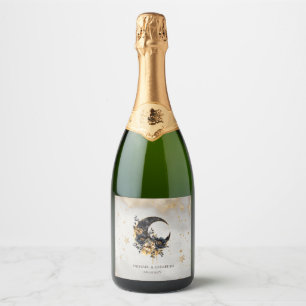 Celestial Gold Stars Floral Moon Sparkling Wine Label