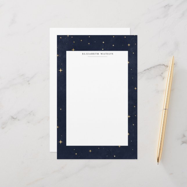 Celestial Gold Stars Monogram Stationery (Front/Back In Situ)