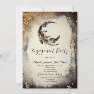 Celestial Gold Stars Moon Feather Dark Invitation