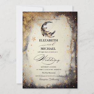 Celestial Gold Stars Moon Feather Dark Invitation