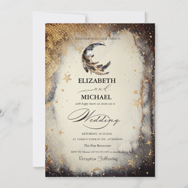 Celestial Gold Stars Moon Feather Dark Invitation (Front)