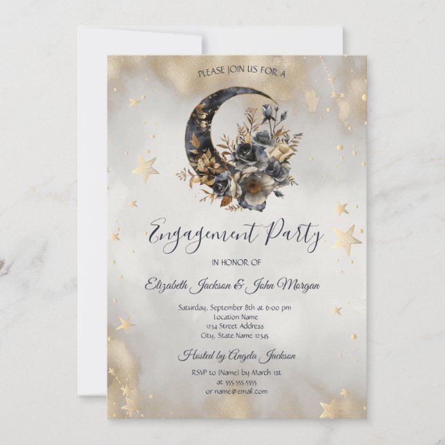 Celestial Gold Stars Moon Flowers Invitation (Front)
