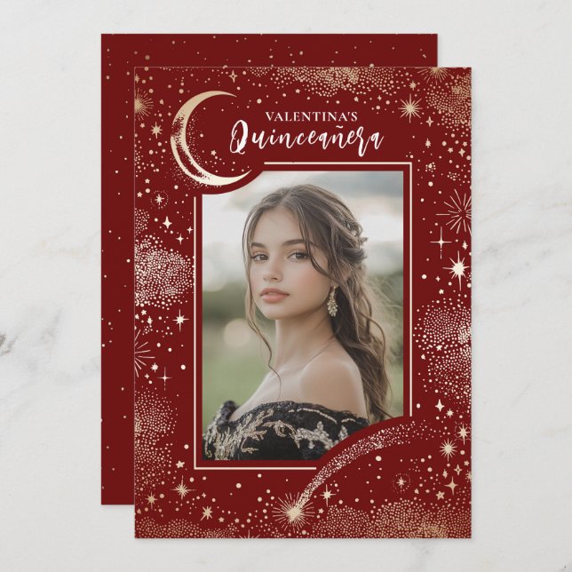 Celestial Gold Stars Moon Night Quinceanera Photo Invitation (Front/Back)