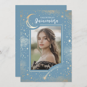 Celestial Gold Stars Moon Night Quinceanera Photo Invitation