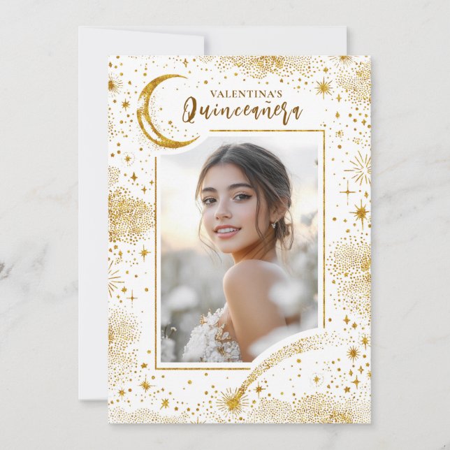 Celestial Gold Stars Moon Night Quinceanera Photo Invitation (Front)