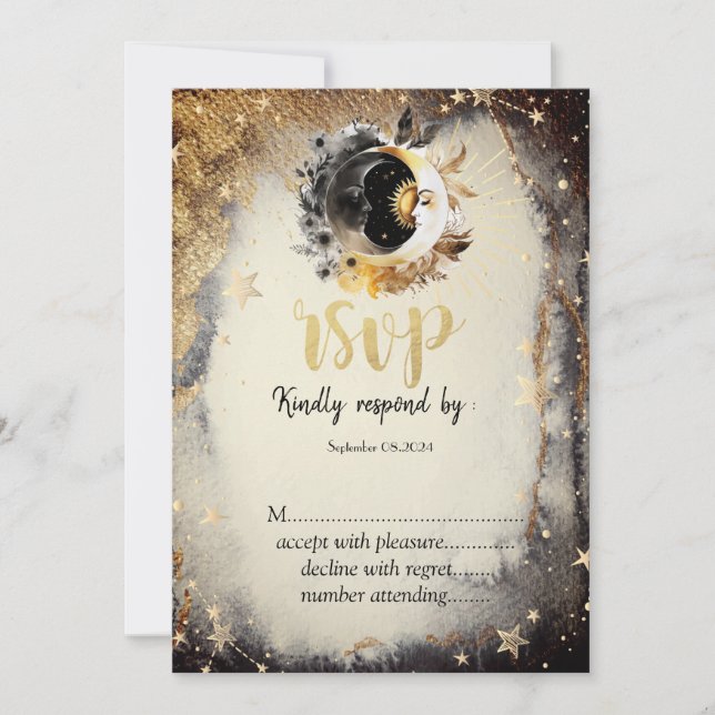 Celestial Gold Stars Moons Dark RSVP   Invitation (Front)
