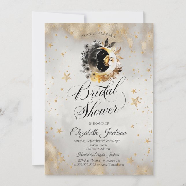 Celestial Gold Stars Moons Flowers Bridal Shower  Invitation (Front)