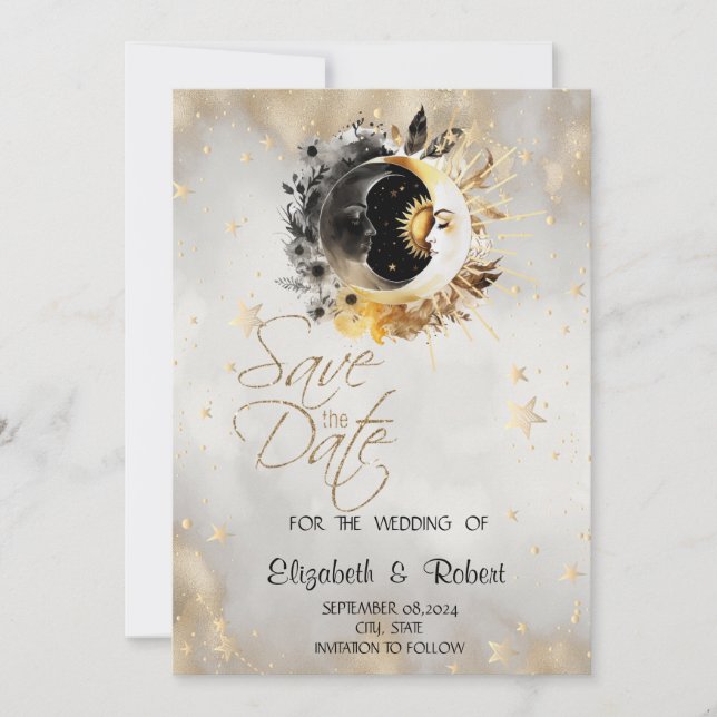 Celestial Gold Stars Moons Flowers Save The Date (Front)