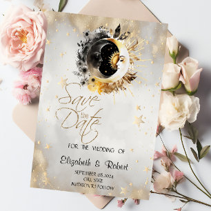 Celestial Gold Stars Moons Flowers Save The Date