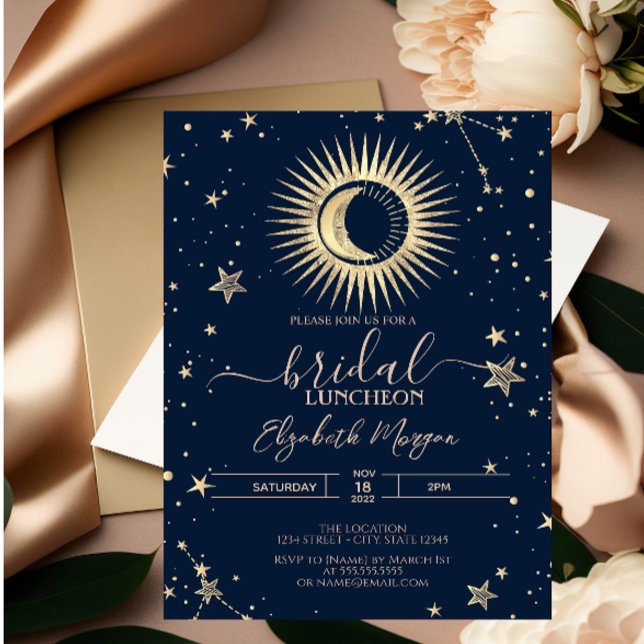 Celestial Gold Sun And Moon Stars Bridal Luncheon Invitation (Creator Uploaded)
