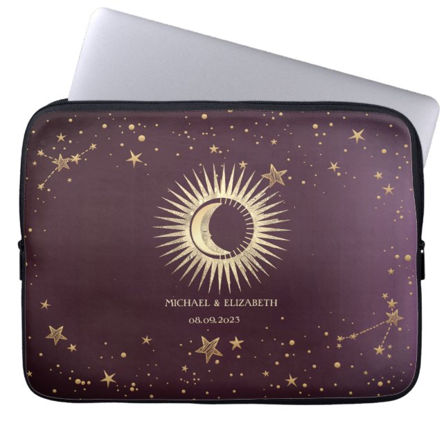 Celestial Gold Sun And Moon Stars Burgundy Laptop Sleeve (Front)