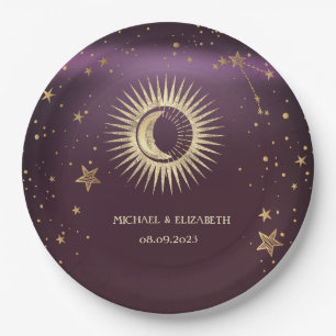 Celestial Gold Sun And Moon Stars Burgundy Paper Plate