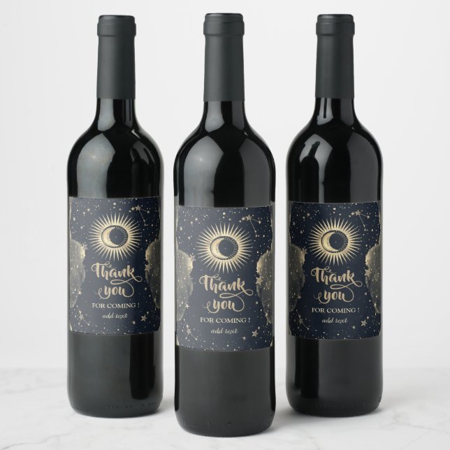 Celestial Gold Sun And Moon Stars Clouds Wine Label (Bottles)