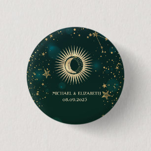 Celestial Gold Sun And Moon Stars Green 3 Cm Round Badge