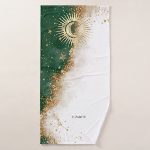Celestial Gold Sun And Moon Stars Green Bath Towel
