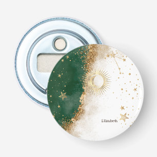 Celestial Gold Sun And Moon Stars Green Bottle Opener