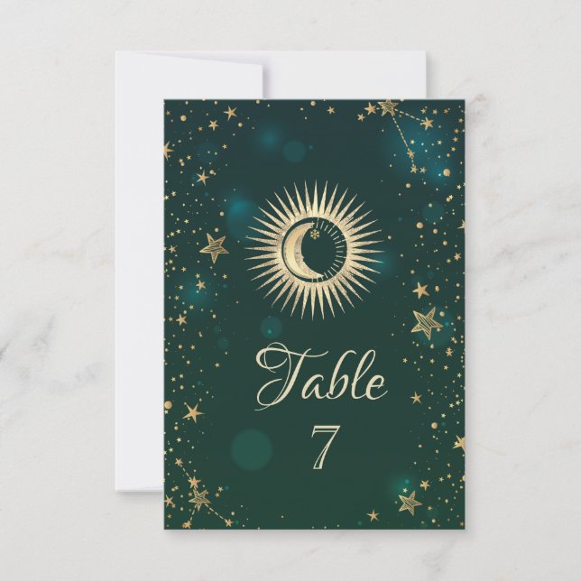 Celestial Gold Sun And Moon Stars Green Invitation (Front)