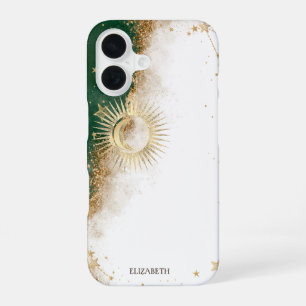 Celestial Gold Sun And Moon Stars Green iPhone 16 Case