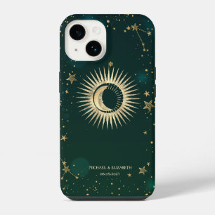 Celestial Gold Sun And Moon Stars Green iPhone 14 Case