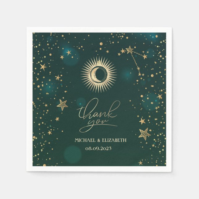 Celestial Gold Sun And Moon Stars Green Napkin (Front)