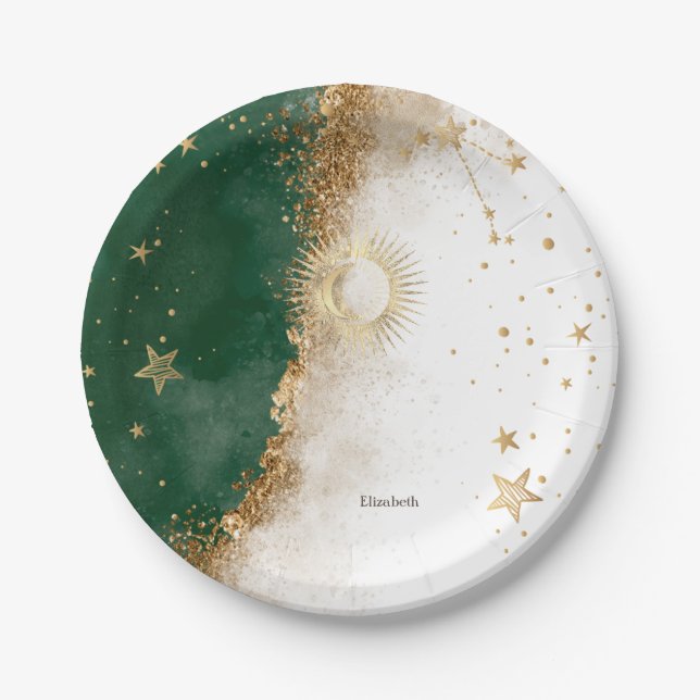 Celestial Gold Sun And Moon Stars Green Paper Plate (Front)