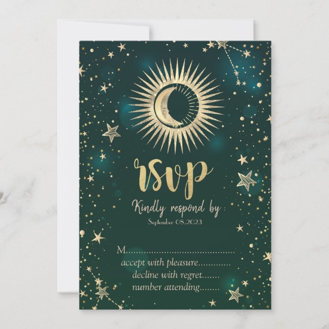 Celestial Gold Sun And Moon Stars Green RSVP   Invitation (Front)