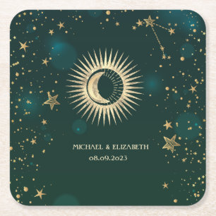 Celestial Gold Sun And Moon Stars Green Square Paper Coaster