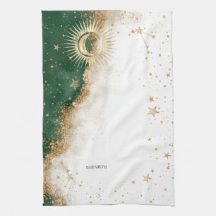 Celestial Gold Sun And Moon Stars Green Tea Towel
