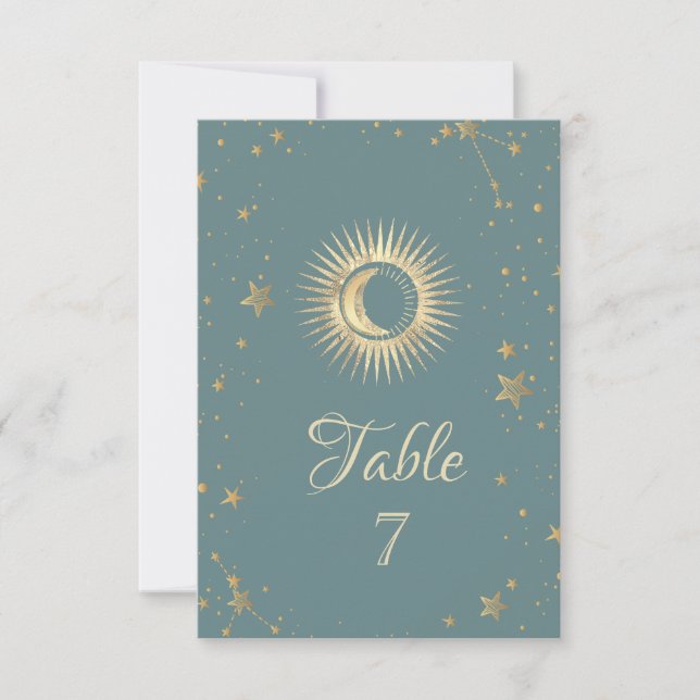 Celestial Gold Sun And Moon Stars Mint Green Invitation (Front)