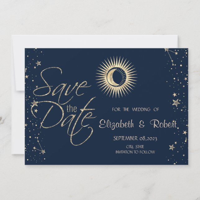 Celestial Gold Sun And Moon Stars Save The Date (Front)