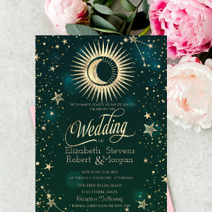 Celestial Gold Sun And Moon Stars Wedding Green Invitation