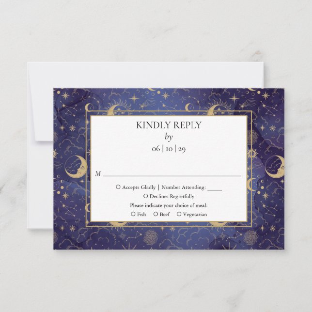 Celestial Gold Sun And Moon Wedding RSVP Card (Front)