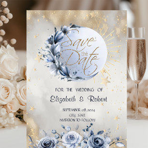 Celestial Gold Sun,Blue Moon Roses Stars Save The Date
