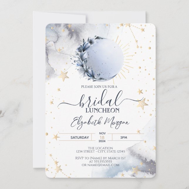Celestial Gold Sun,Blue Moon,Stars Bridal Luncheon Invitation (Front)