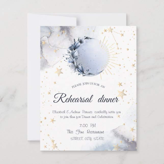 Celestial Gold Sun,Blue Moon,Stars Invitation (Front)