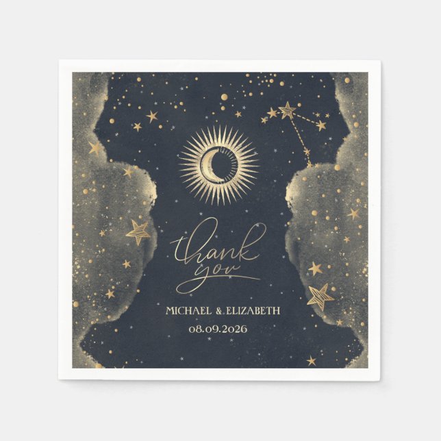 Celestial Gold Sun,Moon,Clouds Stars Night Sky  Napkin (Front)