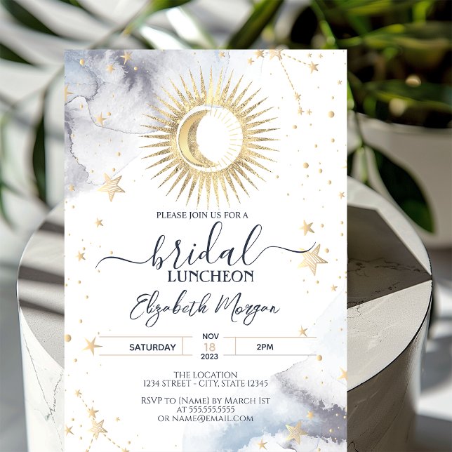 Celestial Gold Sun,Moon,Stars Bridal Luncheon Invitation (Creator Uploaded)