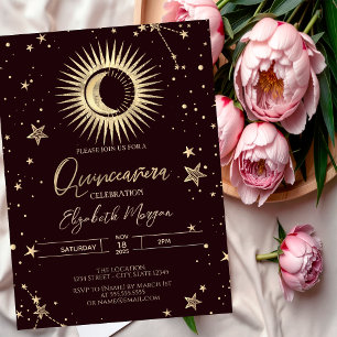 Celestial Gold Sun Moon Stars Dark Quinceanera Invitation