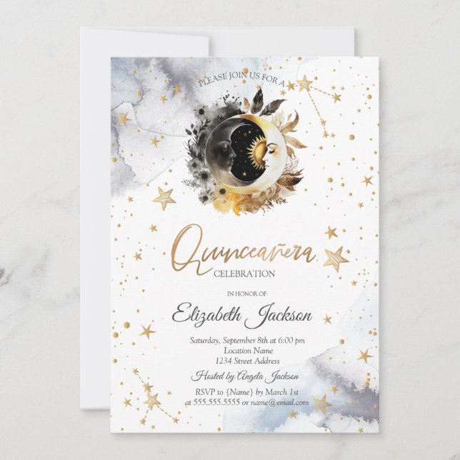 Celestial Gold Sun,Moon,Stars Flower Quinceanera Invitation (Front)