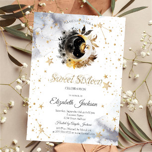 Celestial Gold Sun,Moon,Stars Flower Sweet 16 Invitation