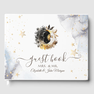 Celestial Gold Sun,Moon,Stars Flowers Guest Book