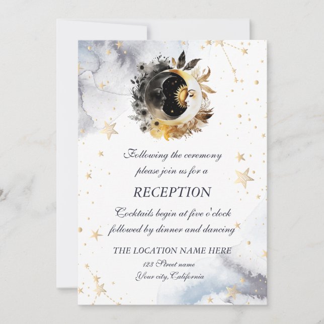 Celestial Gold Sun,Moon,Stars Flowers Invitation (Front)