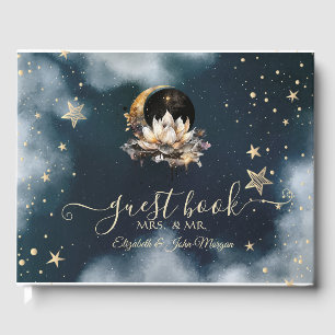 Celestial Gold Sun,Moon,Stars Lotus Night Sky Guest Book