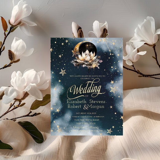 Celestial Gold Sun,Moon,Stars Lotus Night Sky Invitation (Creator Uploaded)
