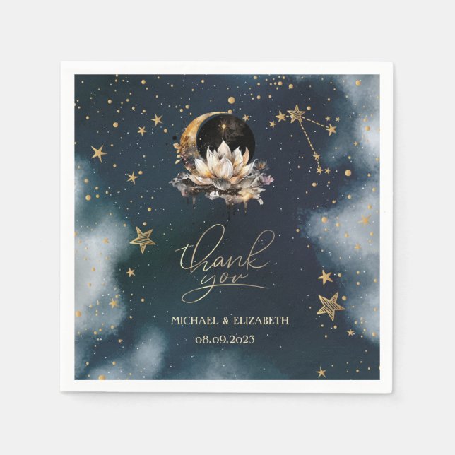 Celestial Gold Sun,Moon,Stars Lotus Night Sky  Napkin (Front)