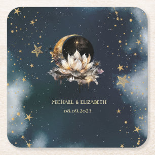Celestial Gold Sun,Moon,Stars Lotus Night Sky Square Paper Coaster