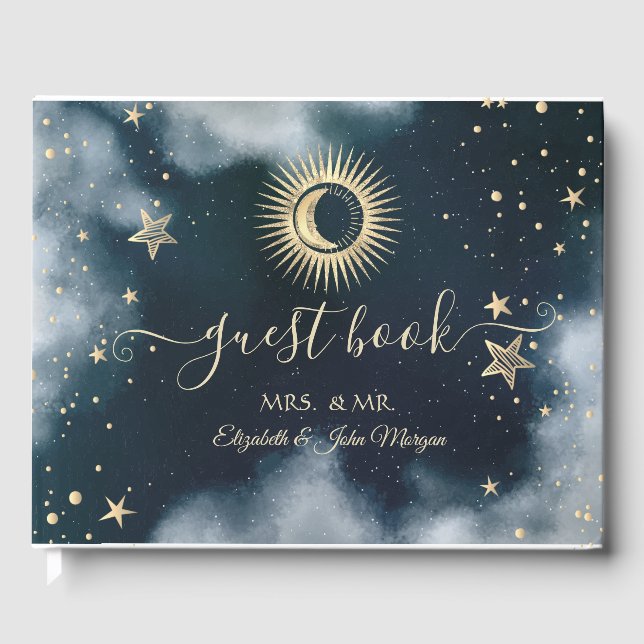 Celestial Gold Sun,Moon,Stars Night Sky  Guest Book (Front)